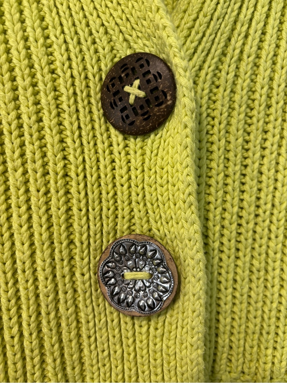 Pure Handknit Chartreuse Knit Cardigan with Decorative Buttons - Picture 3 of 8